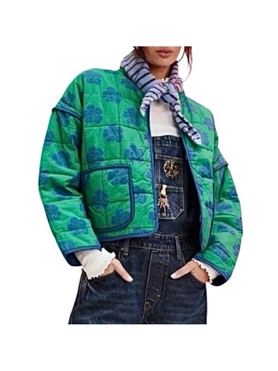 Free People Jackets & Blazers - Free People Chloe Green Quilted Floral Cropped Puffer Jacket with Blue Accents